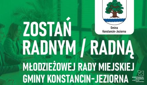 Grafika promująca nabór do Młodzieżowej Rady Miejskiej Gminy Konstancin-Jeziorna, przedstawiająca grupę młodych ludzi obradujących przy stole oraz napis „Zostań radnym/radną”.