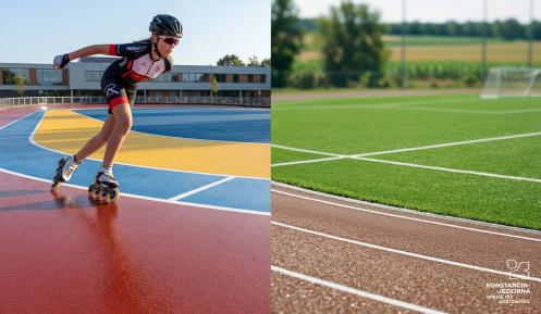 Osoba jadąca na rolkach po kolorowym torze wrotkarskim obok boiska sportowego z bieżnią i murawą.