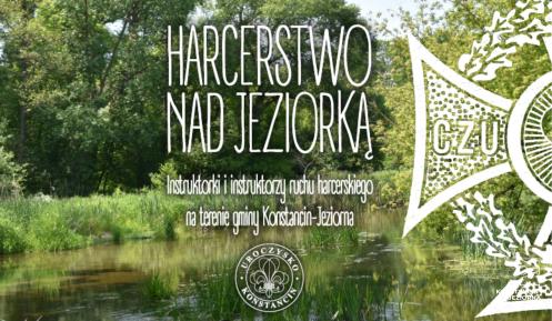 Okładka książki przedstawiająca rzekę Jeziorkę otoczoną zielenią drzew, z nałożonym tytułem „Harcerstwo nad Jeziorką” oraz podtytułem o instruktorach ruchu harcerskiego w gminie Konstancin-Jeziorna.