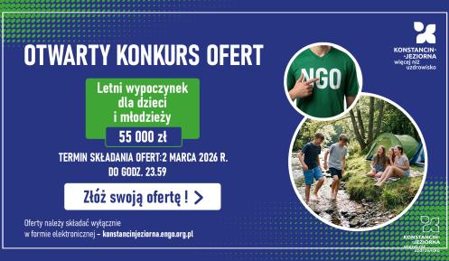 Grafika o otwartym konkursie ofert na letni wypoczynek dla dzieci i młodzieży (55 tys. zł, termin do 2 marca 2026 r.) z ilustracją młodzieży na biwaku.
