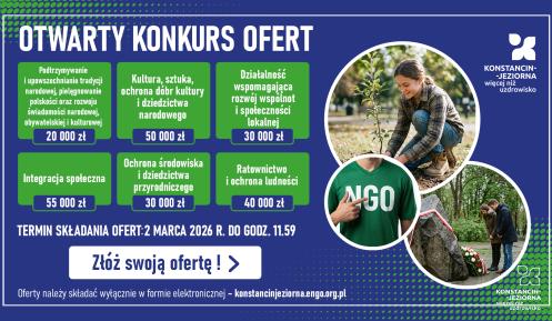 Grafika informuje o otwartym konkursie ofert w Konstancinie-Jeziornie na zadania publiczne (20–55 tys. zł) z terminem składania do 2 marca 2026 r. online.