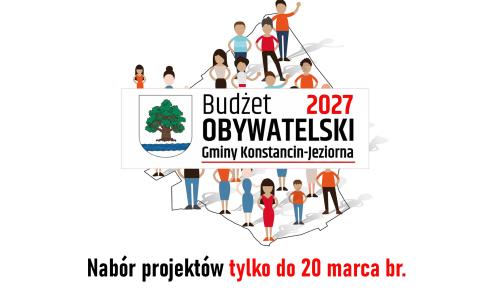 Grafika promująca Budżet Obywatelski 2027 Gminy Konstancin-Jeziorna, przedstawiająca mieszkańców na tle mapy gminy oraz herb i logo inicjatywy.