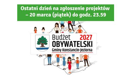 Grafika promująca Budżet Obywatelski 2027 Gminy Konstancin-Jeziorna, przedstawiająca mieszkańców na tle mapy gminy oraz herb i logo inicjatywy.