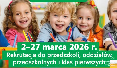 Czworo uśmiechniętych dzieci rysuje przy stoliku, a na grafice widnieje informacja o rekrutacji do przedszkoli i klas pierwszych w Konstancinie-Jeziornie w dniach 2–27 marca 2026 r.