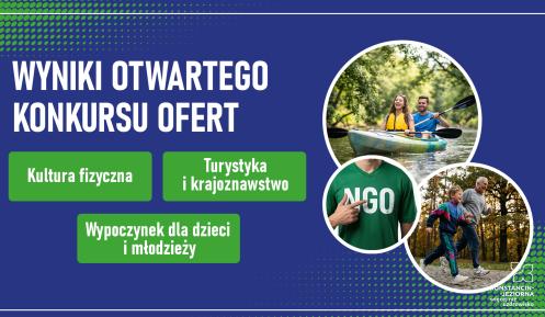 Grafika informuje o wynikach otwartego konkursu ofert w Konstancinie-Jeziornie, przedstawiając główne obszary wsparcia oraz zdjęcia związane z aktywnością społeczną i turystyczną.