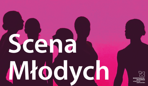 cienie postaci - tancerze i tancerki ba różowym tle, napis SCENA MŁODYCH