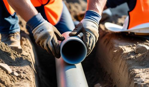 Pracownik budowlany w rękawicach ochronnych montuje rurę kanalizacyjną w wykopie ziemnym.