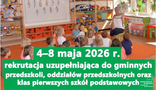 Nauczycielka czyta dzieciom w przedszkolu, a grafika informuje o rekrutacji uzupełniającej do gminnych placówek w dniach 4–8 maja 2026 r.