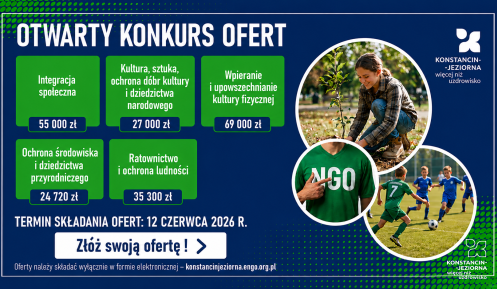 Grafika informująca o otwartym konkursie ofert dla organizacji pozarządowych oraz terminie składania wniosków do 12 czerwca 2026 r.