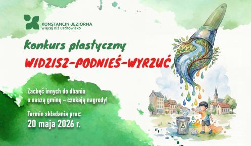Grafika promująca konkurs plastyczny „Widzisz – podnieś – wyrzuć” przedstawiająca dziecko wrzucające butelkę do kosza oraz ekologiczny motyw pędzla symbolicznie zamieniającego się w naturę i wodę.