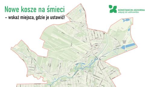Mapa gminy Konstancin-Jeziorna z zaznaczonymi lokalizacjami obecnych koszy na śmieci oraz zachętą do wskazywania miejsc, w których powinny pojawić się nowe pojemniki.