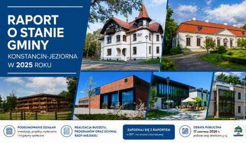 Grafika promująca „Raport o stanie gminy Konstancin-Jeziorna w 2025 roku” z kolażem zdjęć charakterystycznych budynków i miejsc gminy oraz informacjami o podsumowaniu działań samorządu i debacie publicznej.