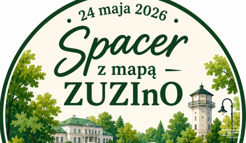 Grafika przedstawia plakat wydarzenia „Spacer z mapą ZUZInO” z ilustracją Parku Zdrojowego w Konstancinie-Jeziornie, mapą oraz zieloną, parkową scenerią.