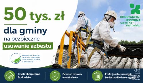 Pracownicy w specjalistycznych kombinezonach i maskach ochronnych usuwają płyty azbestowe z dachu budynku. Na grafice znajduje się informacja o pozyskaniu przez gminę Konstancin-Jeziorna 50 tys. zł dofinansowania na bezpieczne usuwanie i unieszkodliwianie azbestu.