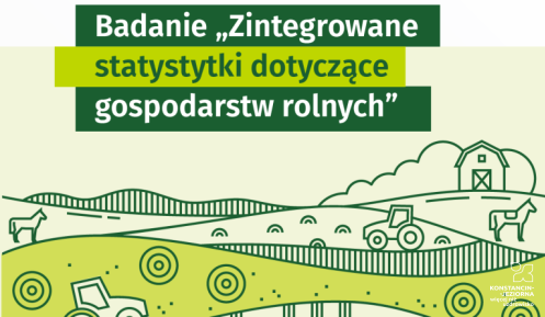 Grafika promująca badanie GUS „Zintegrowane statystyki dotyczące gospodarstw rolnych”, przedstawiająca stylizowany krajobraz rolniczy z polami uprawnymi, maszynami rolniczymi i zabudowaniami gospodarczymi.