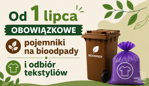 Grafika przedstawia pracowników firmy komunalnej opróżniających pojemnik na odpady do śmieciarki oraz informację o zmianach w regulaminie utrzymania czystości i porządku w gminie Konstancin-Jeziorna od 1 lipca 2026 r.