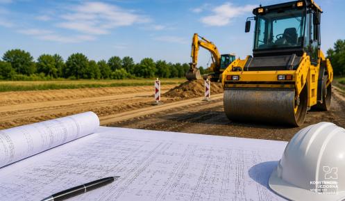 Na pierwszym planie leżą plany projektowe i kask ochronny, a w tle pracują walec drogowy oraz koparka przy budowie nowej drogi.