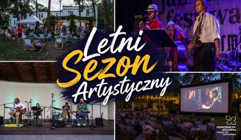 Mozaika przedstawia letnie wydarzenia kulturalne w Konstancinie-Jeziornie, w tym koncerty plenerowe, występy muzyczne oraz kino pod chmurką.