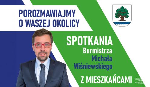 jednozdaniowy  Grafika promująca spotkania burmistrza Michała Wiśniewskiego z mieszkańcami w ramach cyklu „Porozmawiajmy o waszej okolicy”, przedstawiająca burmistrza na tle biało-zielono-granatowej kompozycji z herbem gminy Konstancin-Jeziorna.