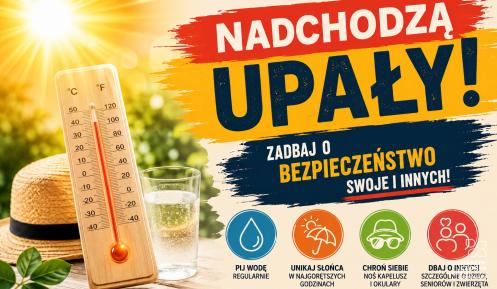 Grafika ostrzega przed nadchodzącymi upałami i przypomina o podstawowych zasadach bezpieczeństwa, takich jak picie wody, unikanie słońca oraz troska o dzieci, seniorów i zwierzęta.