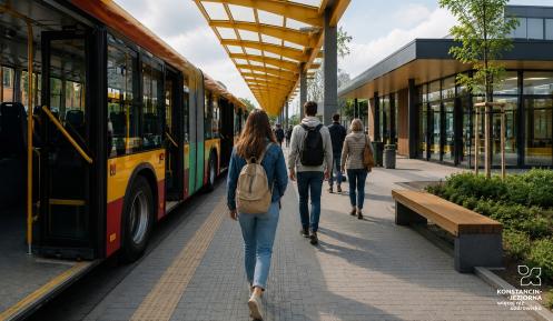 Wizualizacja nowoczesnego węzła przesiadkowego z autobusem, budynkiem poczekalni oraz pasażerami korzystającymi z infrastruktury transportu publicznego.