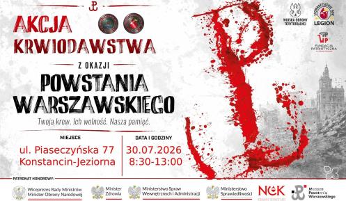 Plakat akcji krwiodawstwa z okazji Powstania Warszawskiego. Zbiórka krwi odbędzie się 30 lipca 2026 r. w godz. 8.30–13.00 przy ul. Piaseczyńskiej 77 w Konstancinie-Jeziornie.