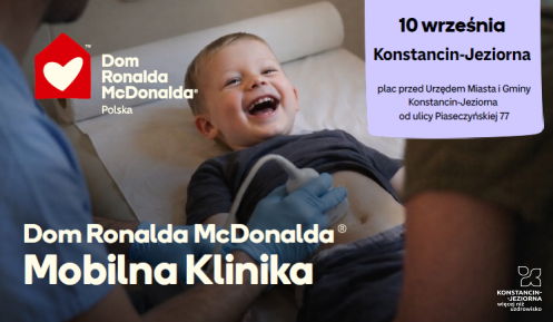 Grafika zapraszająca na bezpłatne profilaktyczne badania USG dzieci w wieku od 9 miesięcy do 6 lat. Badania odbędą się 10 września w Konstancinie-Jeziornie, na placu przed ratuszem przy ul. Piaseczyńskiej 77
