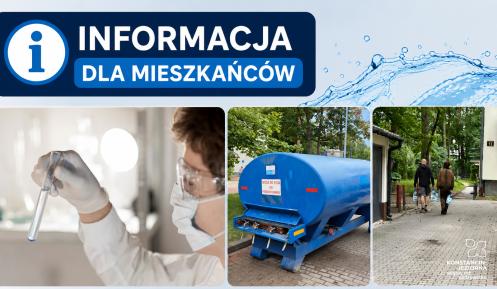 Grafika z napisem „Informacja dla mieszkańców” oraz zdjęciami przedstawiającymi badanie próbek wody, beczkowóz z wodą pitną i mieszkańców niosących pojemniki z wodą.