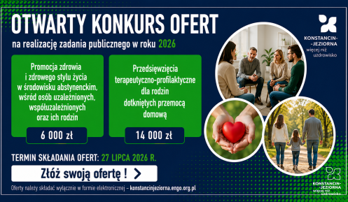 Grafika informująca o otwartym konkursie ofert na realizację zadania publicznego w Gminie Konstancin-Jeziorna w roku 2026