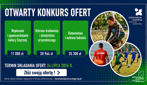 Grafika informująca o otwartym konkursie ofert na wsparcie realizacji zadań publicznych w Gminie Konstancin-Jeziorna w roku 2026