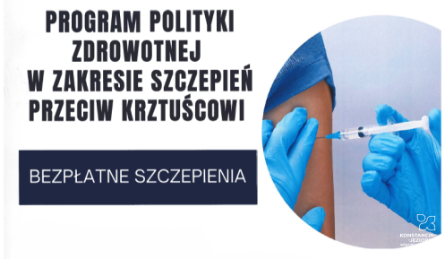 Grafika informująca o programie bezpłatnych szczepień przeciw krztuścowi. Obok tekstu widoczne jest zdjęcie podawania szczepionki w ramię