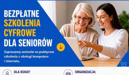 Plakat informuje o bezpłatnych szkoleniach cyfrowych dla seniorów powyżej 60. roku życia, które odbędą się 3 i 19 sierpnia 2026 r. w Urzędzie Miasta i Gminy Konstancin-Jeziorna i obejmą m.in. naukę korzystania z internetu, poczty elektronicznej, IKP oraz aplikacji mObywatel.