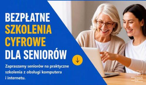 Plakat informuje o bezpłatnych szkoleniach cyfrowych dla seniorów powyżej 60. roku życia, które odbędą się 3 i 19 sierpnia 2026 r. w Urzędzie Miasta i Gminy Konstancin-Jeziorna i obejmą m.in. naukę korzystania z internetu, poczty elektronicznej, IKP oraz aplikacji mObywatel.