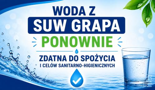Grafika z niebieskim motywem wody i szklanką wody z komunikatem informującym, że woda z SUW Grapa ponownie jest zdatna do spożycia oraz do celów sanitarno-higienicznych.