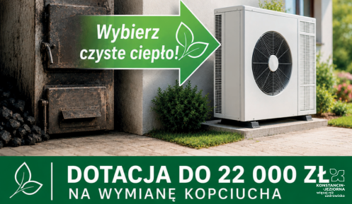 Grafika przedstawiająca wymianę starego pieca węglowego na pompę ciepła. Informuje o możliwości uzyskania dotacji do 22 tys. zł na wymianę „kopciucha”