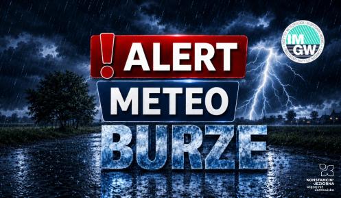 Grafika ostrzegawcza „ALERT METEO – BURZE” wydana przez IMGW-PIB, przedstawiająca ciemne, burzowe niebo z piorunem oraz zalaną deszczem drogę.