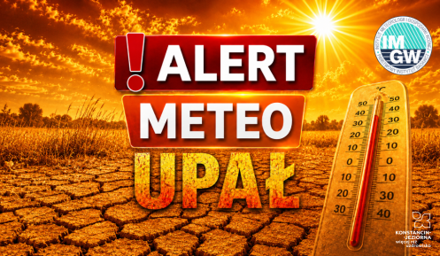 Grafika z napisem „Alert meteo – upał” na tle spękanej, wysuszonej ziemi i intensywnie świecącego słońca. Po prawej stronie termometr wskazujący blisko 40°C, a u góry logo IMGW