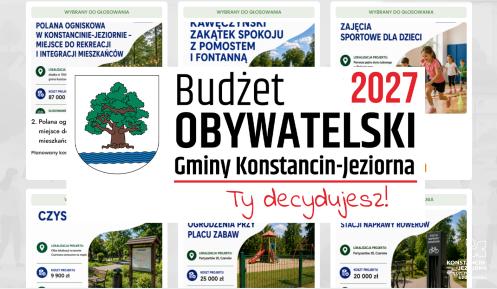Grafika promuje Budżet Obywatelski Gminy Konstancin-Jeziorna 2027 i przedstawia przykładowe projekty wybrane do głosowania oraz hasło „Ty decydujesz!”.