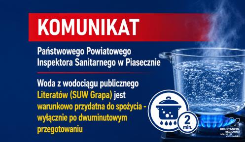 Grafika z komunikatem Państwowego Powiatowego Inspektora Sanitarnego w Piasecznie. Woda z wodociągu publicznego Literatów, zasilanego przez SUW Grapa, jest warunkowo przydatna do spożycia – można ją pić wyłącznie po co najmniej dwuminutowym przegotowaniu.