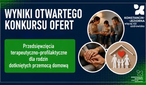 Grafika informuje o wynikach otwartego konkursu ofert na przedsięwzięcia terapeutyczno-profilaktyczne dla rodzin dotkniętych przemocą domową.
