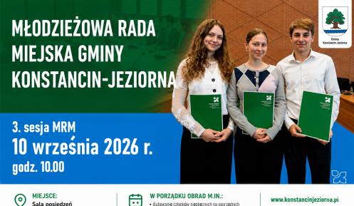 Na grafice promującej 2. sesję Młodzieżowej Rady Miejskiej w Konstancinie-Jeziornie widnieje troje młodych radnych z zielonymi teczkami, a obok umieszczono informacje o terminie, miejscu i porządku obrad zaplanowanych na 10 września 2026 r. o godz. 10.00.