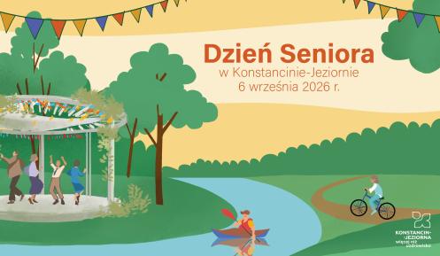 Ilustracja zapowiadająca Dzień Seniora w Konstancinie-Jeziornie, który odbędzie się 6 września 2026 r., przedstawiająca seniorów tańczących w altanie, osobę na rowerze i kajakarza w parku.