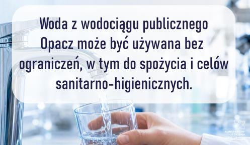 Grafika z niebieskim motywem wody i szklanką wody z komunikatem informującym, że woda z SUW Grapa ponownie jest zdatna do spożycia oraz do celów sanitarno-higienicznych.