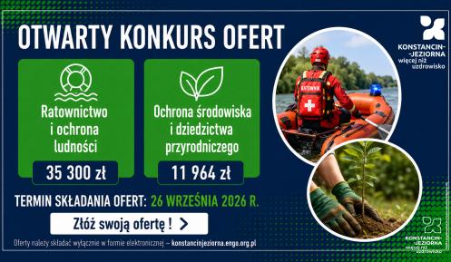 Grafika informująca o otwartym konkursie ofert na zadania z zakresu ratownictwa i ochrony ludności oraz ochrony środowiska i dziedzictwa przyrodniczego, z pulami 35 300 zł i 11 964 zł oraz terminem składania ofert do 26 września 2026 r.