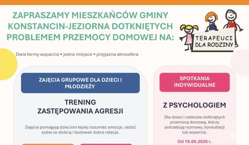 Grafika informuje o bezpłatnym wsparciu dla mieszkańców gminy Konstancin-Jeziorna dotkniętych przemocą domową, obejmującym Trening Zastępowania Agresji dla dzieci i młodzieży oraz indywidualne spotkania z psychologiem dla dzieci i rodziców.