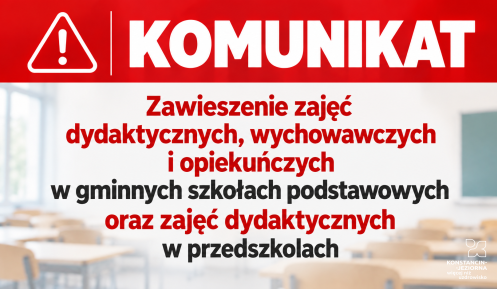 Grafika informująca o zwieszeniu zajęć w szkołach i przedszkolach 