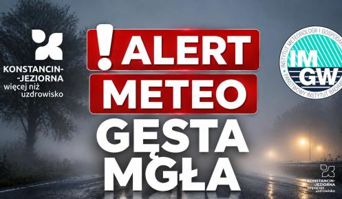 Grafika ostrzegająca przed gęstą mgłą, z logo gminy Konstancin-Jeziorna i IMGW-PIB oraz napisem „Alert meteo – gęsta mgła” na tle zamglonej drogi.