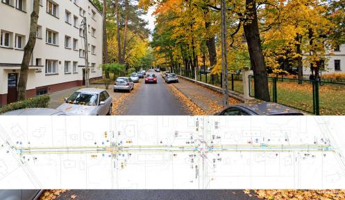 Fotografia ul. Adama Mickiewicza w jesiennej scenerii oraz poniżej plan zagospodarowania terenu przedstawiający projektowane zmiany w układzie drogowym.