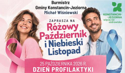 Plakat zapraszający na Dzień Profilaktyki 25 października 2026 r. w Konstancinie-Jeziornie, z wizerunkami kobiety i mężczyzny oraz różową i niebieską wstążką symbolizującymi profilaktykę nowotworową.