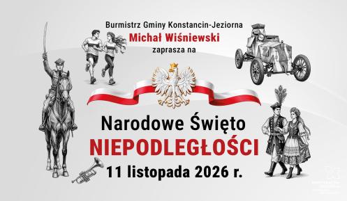 Grafika zapowiadająca obchody Narodowego Święta Niepodległości 11 listopada 2026 r. w Konstancinie-Jeziornie, z wizerunkiem orła w koronie na biało-czerwonej wstędze oraz ilustracjami żołnierza na koniu, biegaczy i pary w strojach ludowych.